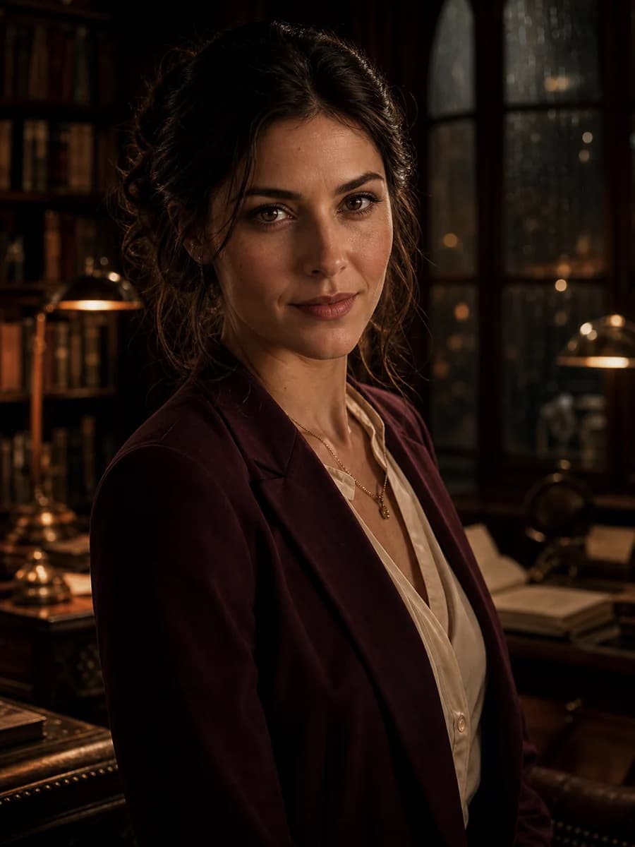 Elara Vale, a warm archivist with dark curls in soft library light