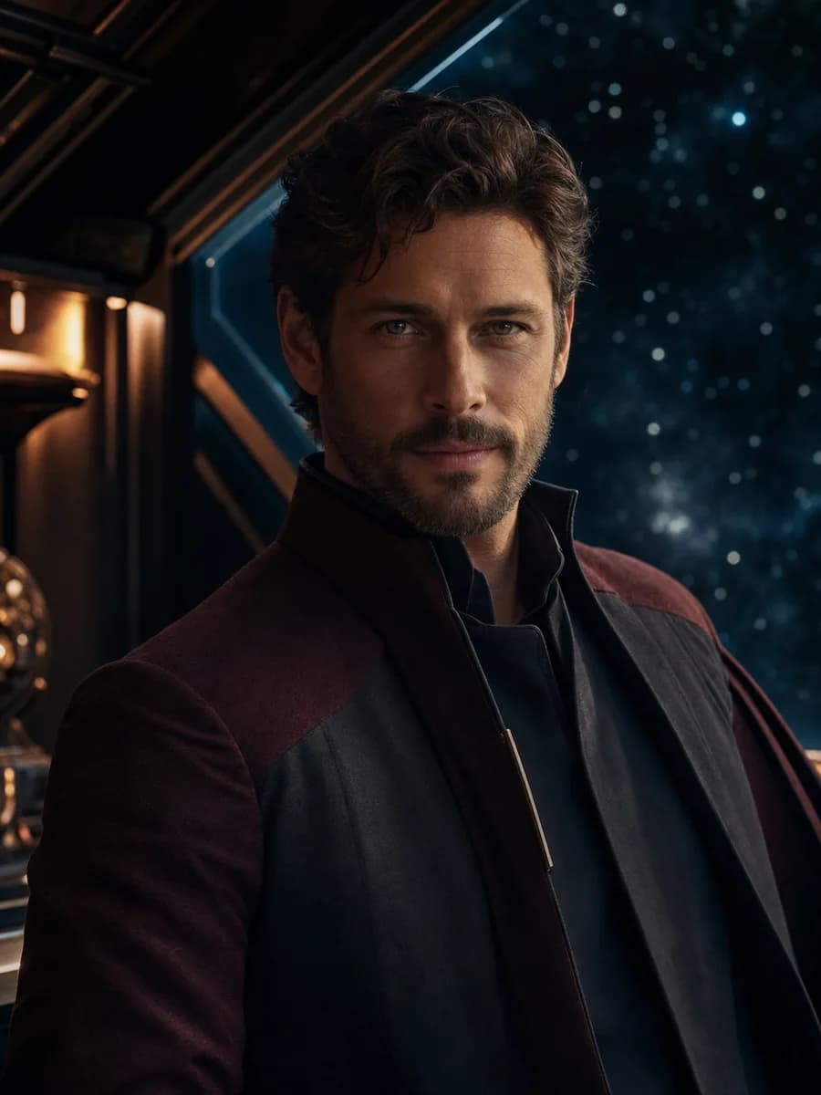 Kael Orion, a confident navigator in a midnight flight jacket