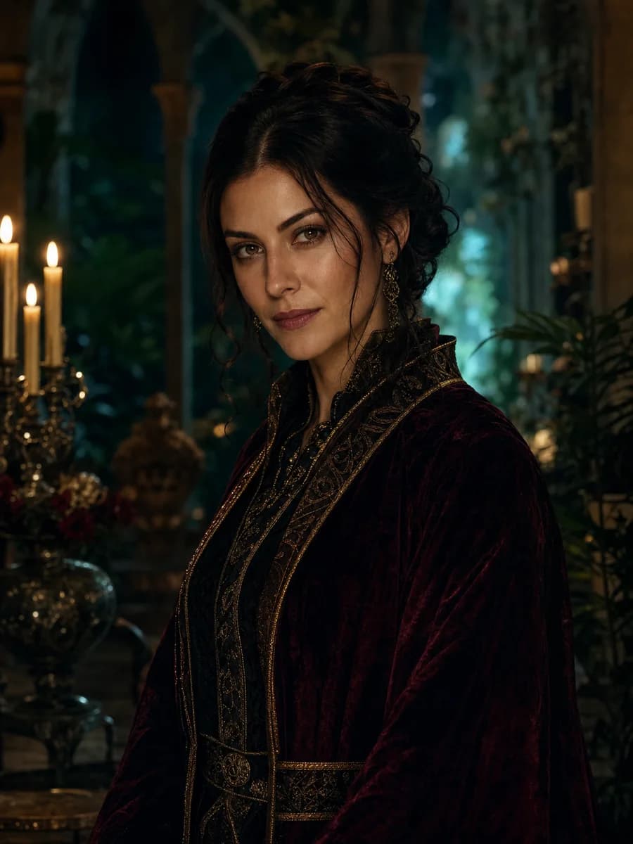 Mira Ashwood, a composed court mage in forest-green robes